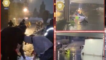 Se inunda Zócalo por intensas lluvias y conductores varados en bajo puente